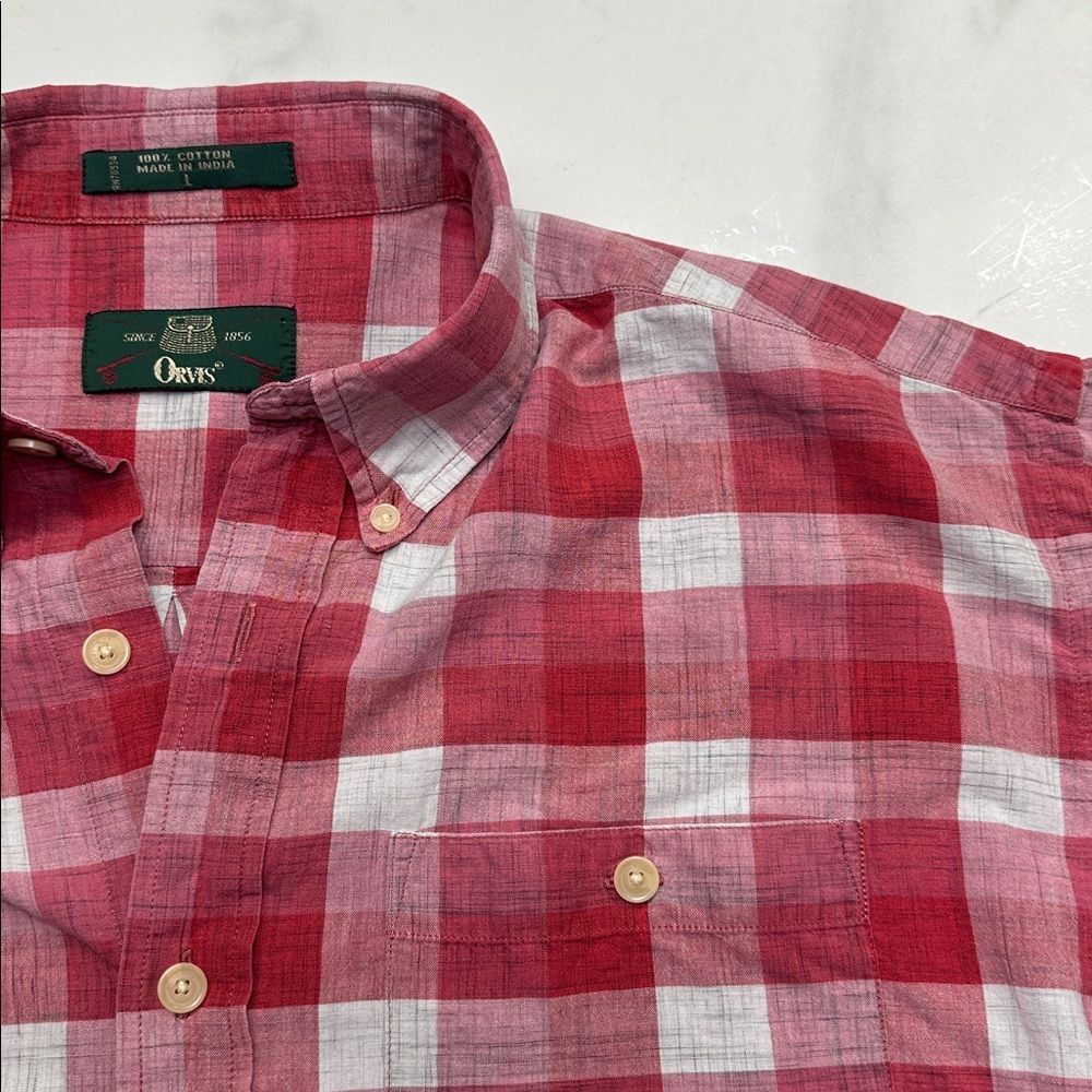 Orvis Short Sleeve Button Up Shirt, Red & White Plaid, Men's Size L, 100% Cotton